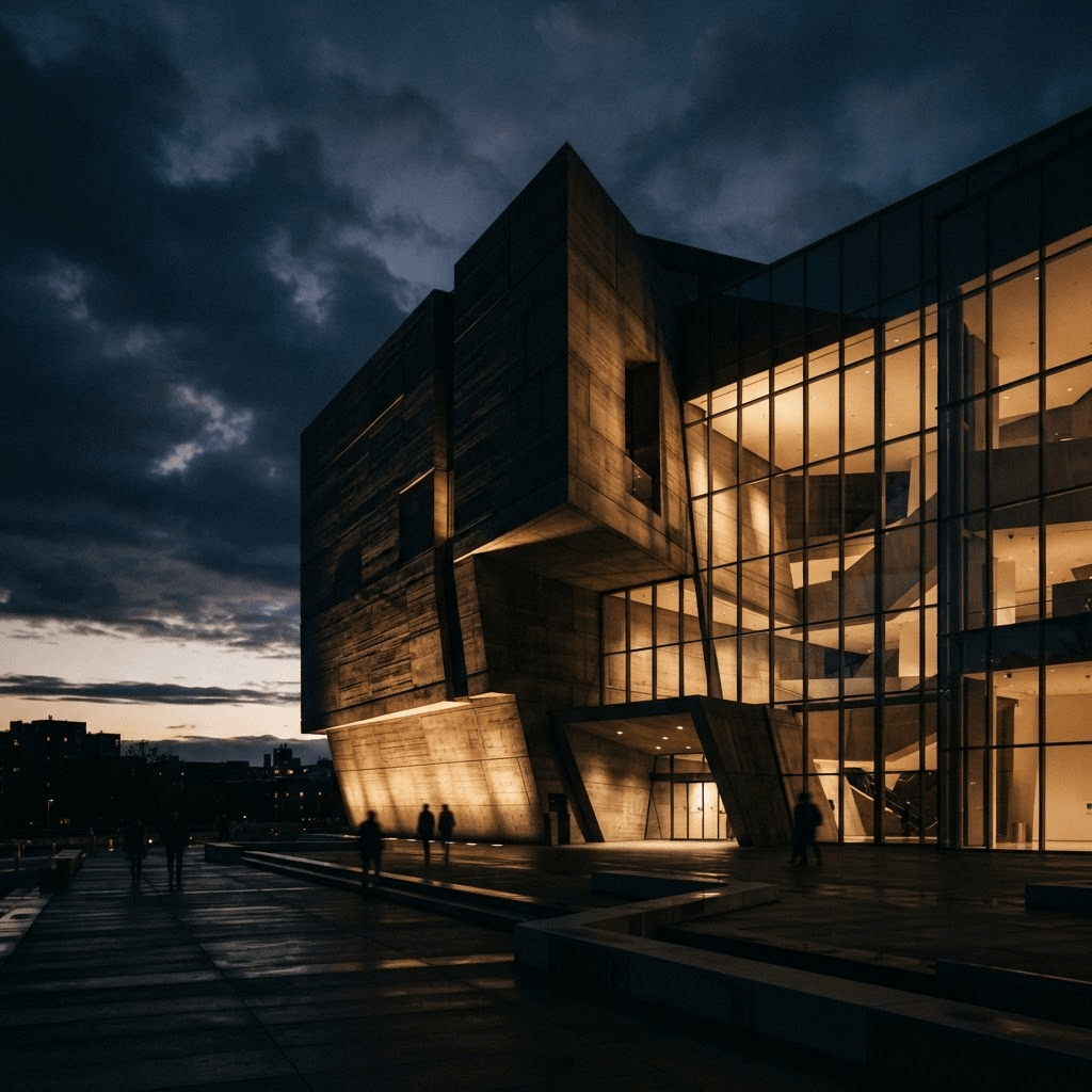 Modern architectural building exterior at dusk