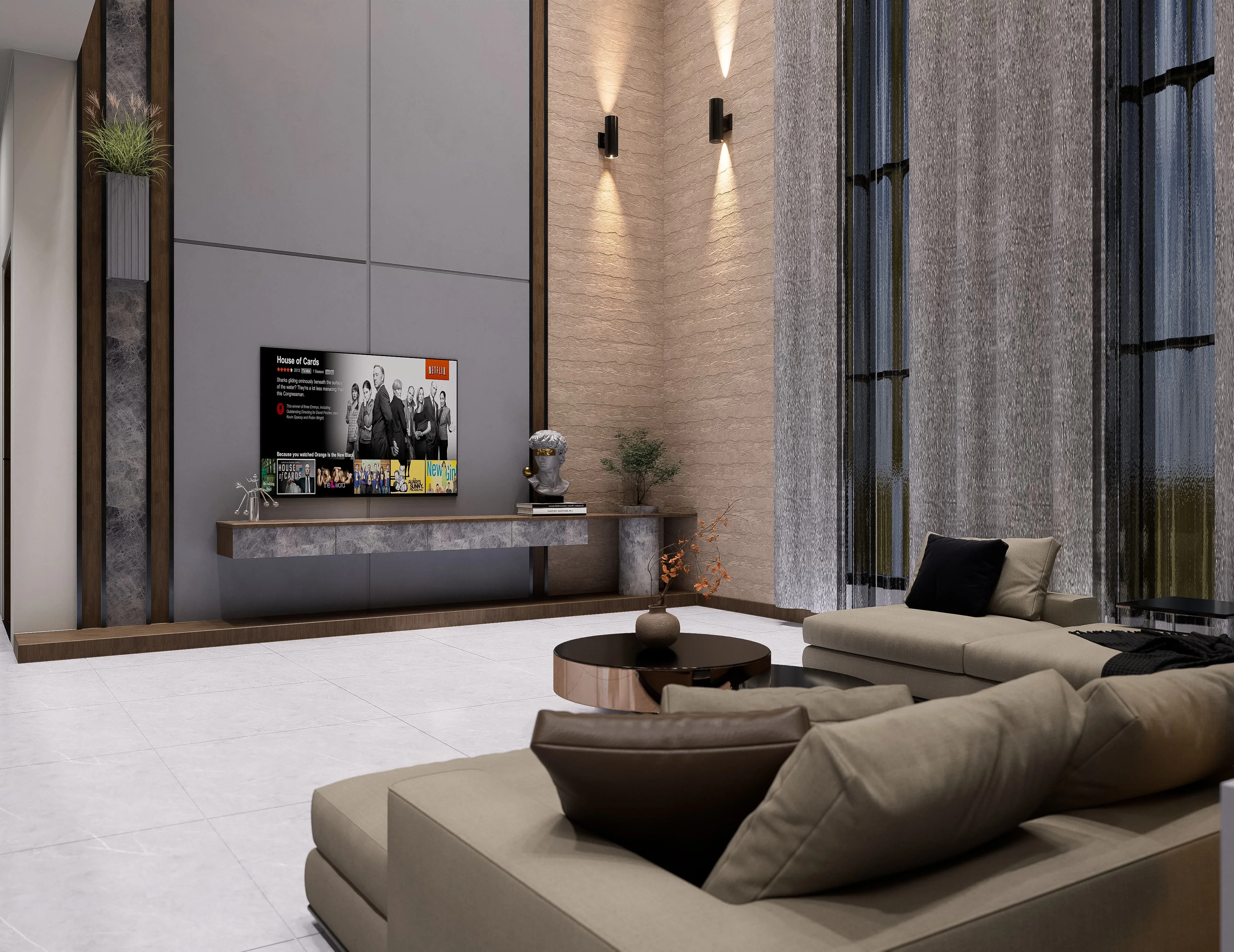 Contemporary Media Lounge, Living Spaces production work by Outframe Arc