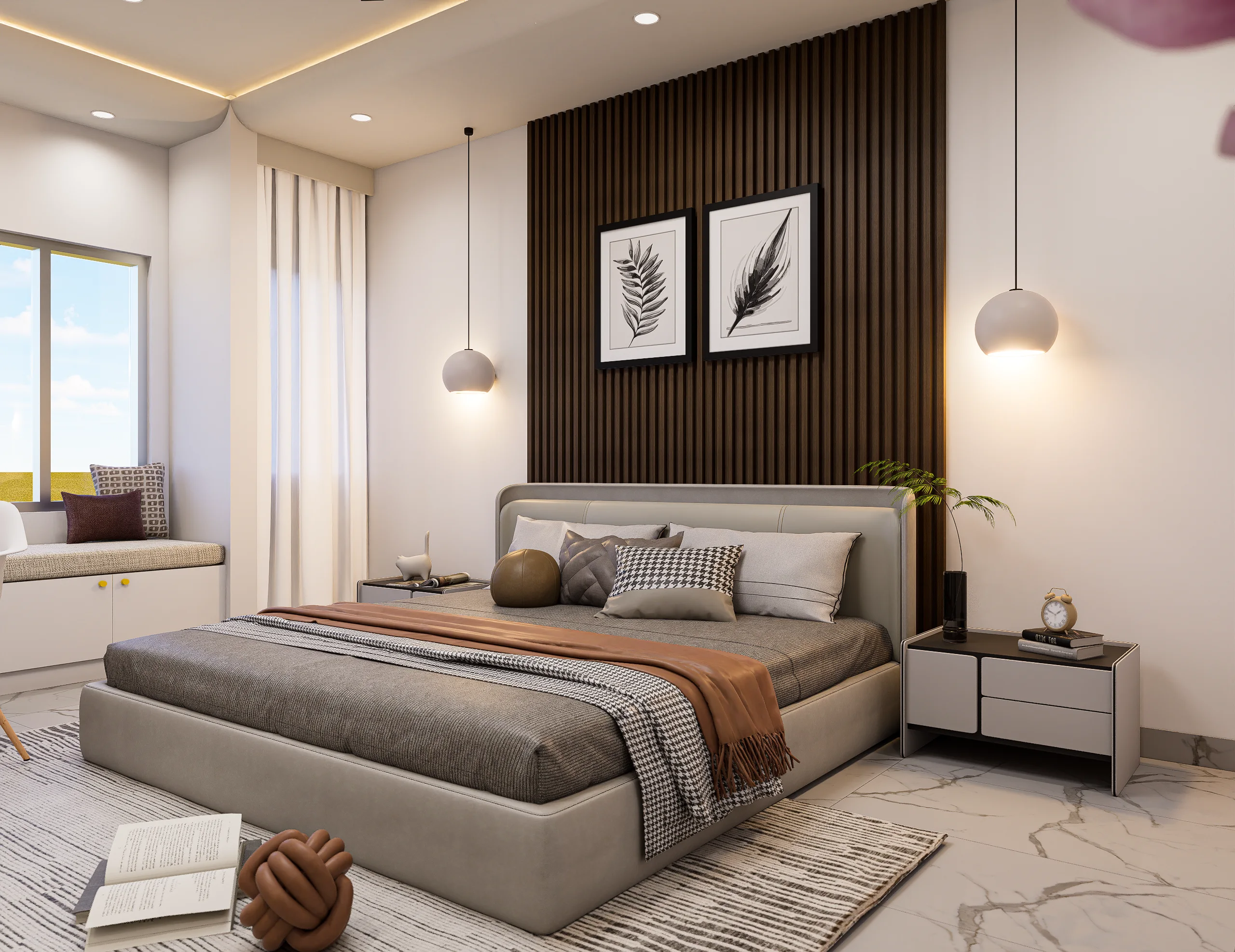 Slatted Wood Accent Bedroom, Bedrooms production work by Outframe Arc