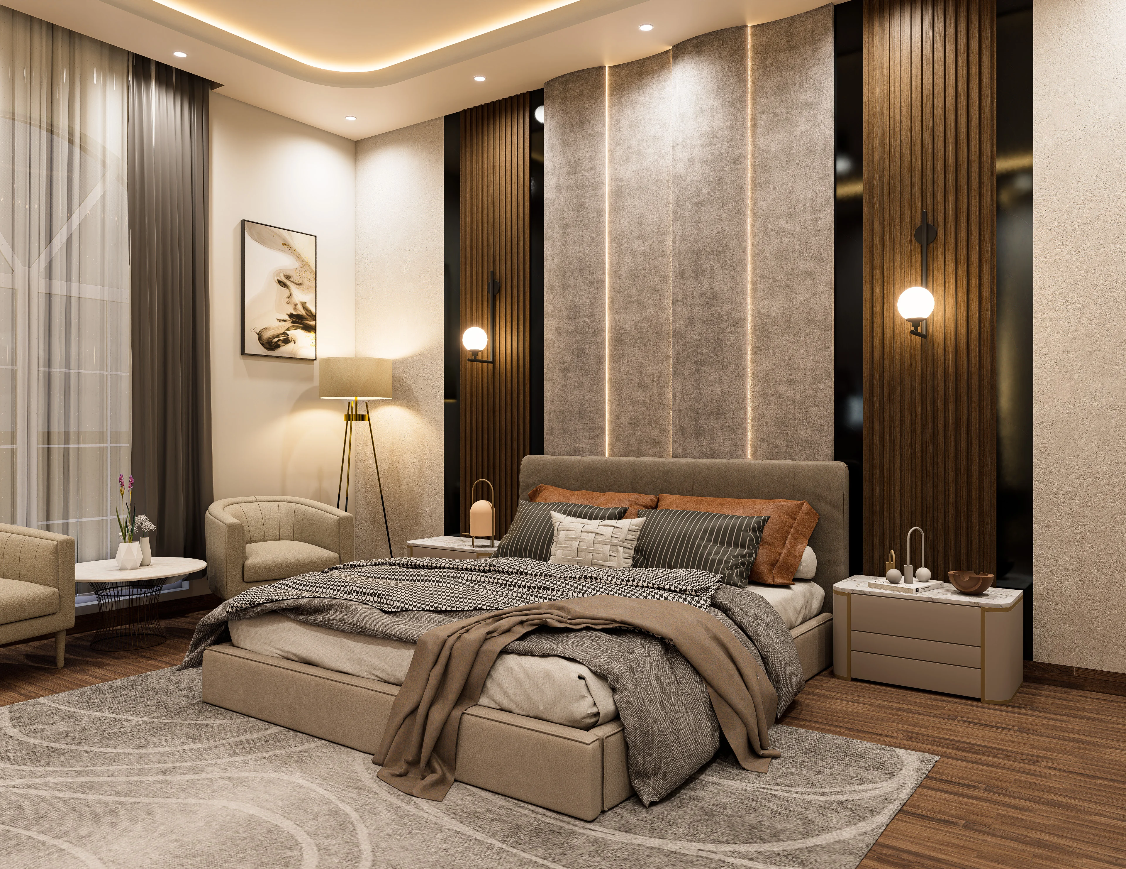 Warm Contemporary Suite, Bedrooms production work by Outframe Arc